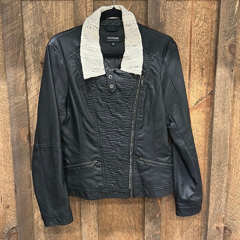 Faux black leather, detailed collar